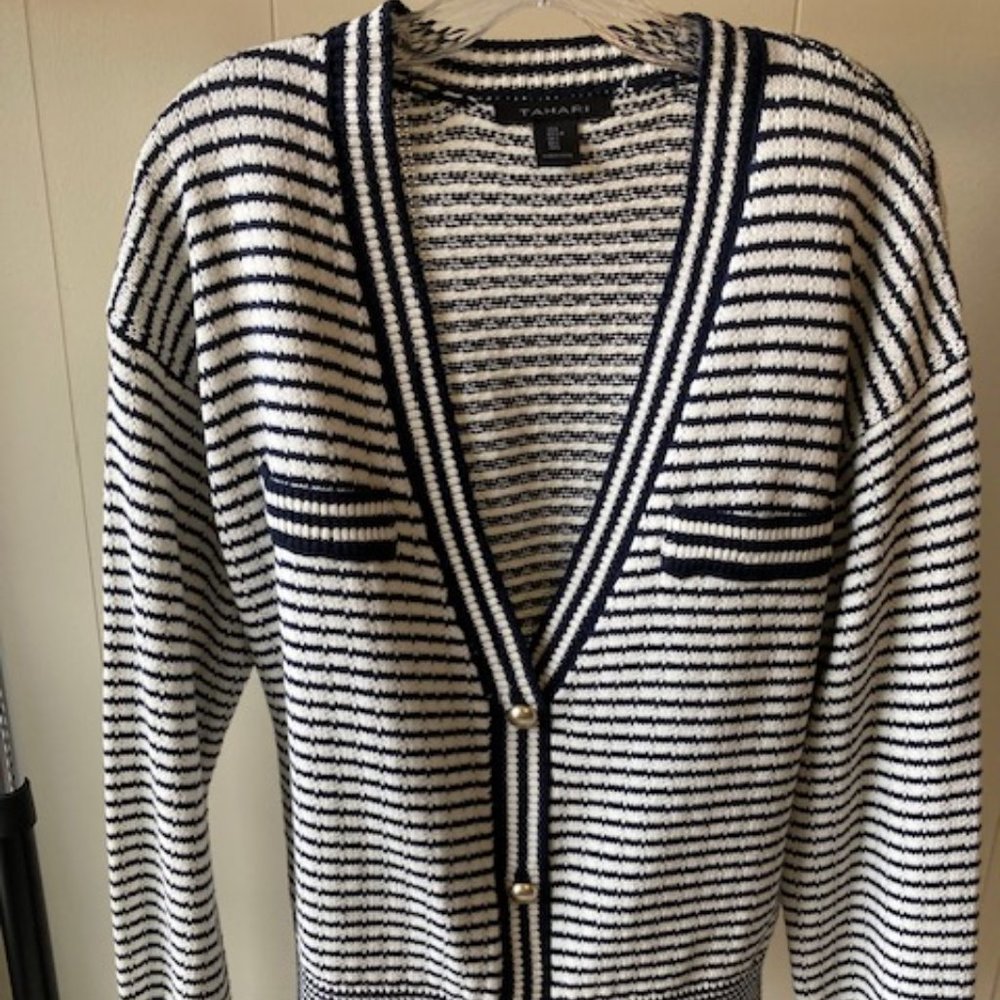 Tahari Navy Blue n White Stripe Cardigan  Large